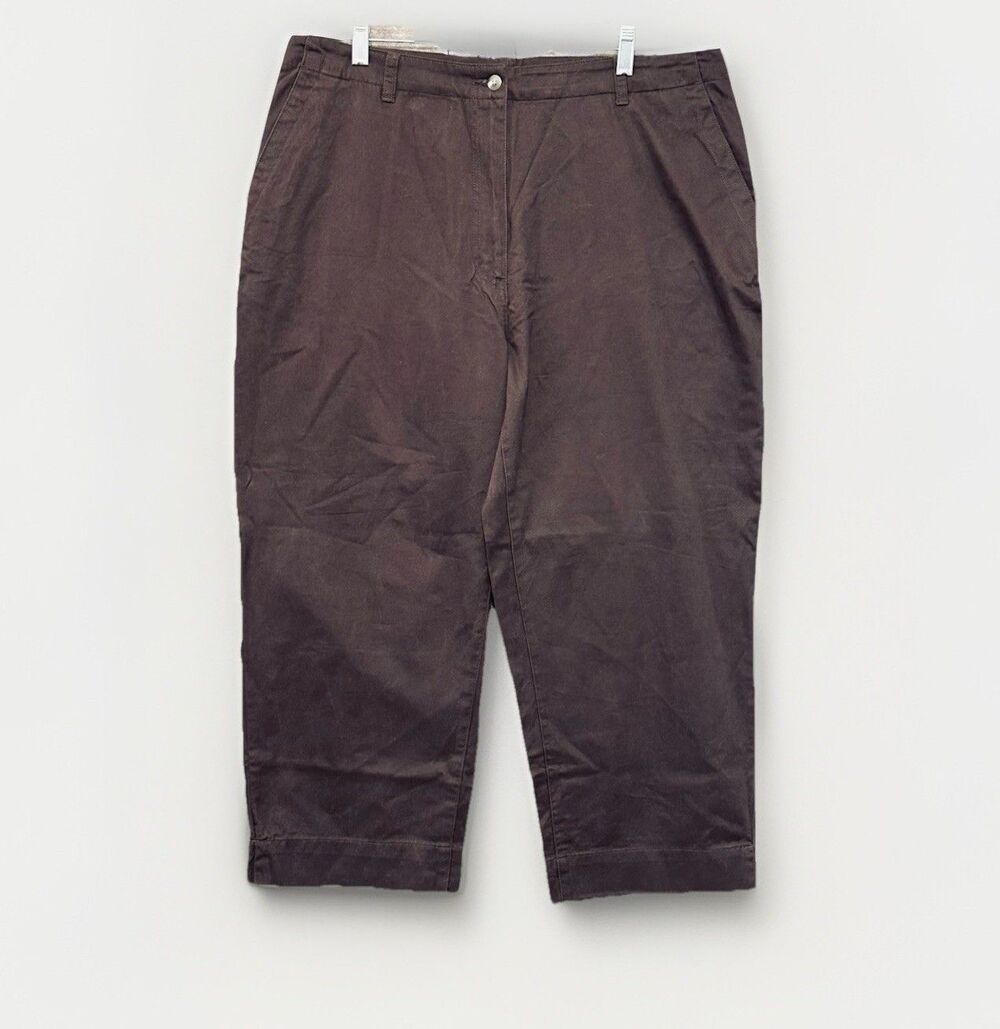 LL Bean Ankle Pants Wide Leg Women's Sz 18 Regular Brown Cotton Trousers Brushed